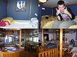 Galapagos 1-1-10 Eden Accommodation and Main Room We thought one of us would have to share a room on the Eden, but we were pleasantly surprised when we were told that we wouldn�t. Charlotte and my room had a small double bed, while Peter had a room to himself with two bunk beds. The main room in the interior has a bar and eating area, and a social area with comfortable seating, TV & DVD, and library.